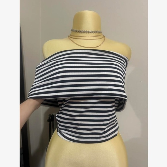 Striped Black White Rib Knit Fold Over Off Shoulder Slim Top Shirt - Picture 14 of 15